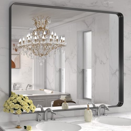 LOAAO Black Metal Framed Bathroom Mirror - 48x36 Inch Large Rounded Rectangle | Anti-Rust Tempered Glass, Versatile Hanging Options