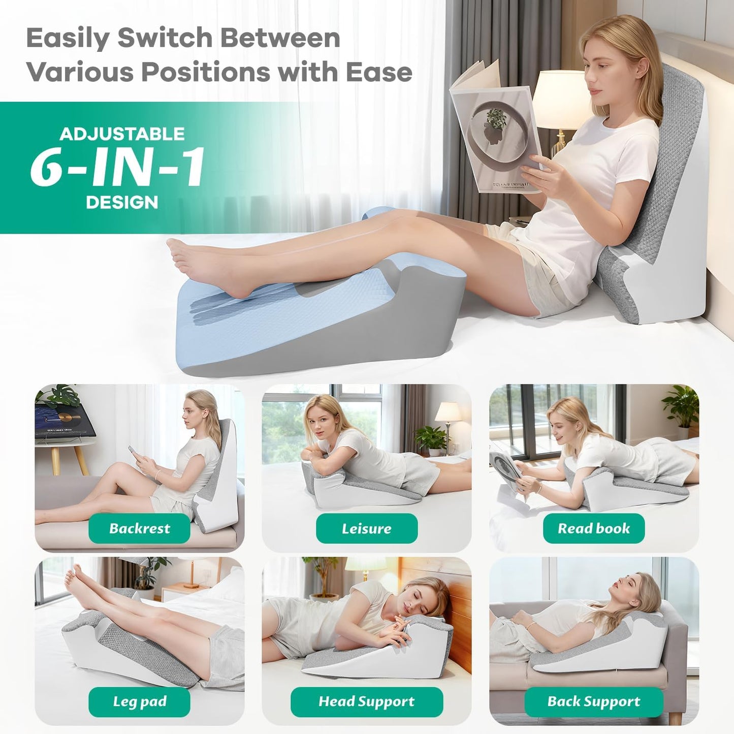 Skiennix Bed Wedge Pillow - Ergonomic Memory Foam Support for Sleep Apnea & Reading | Grey