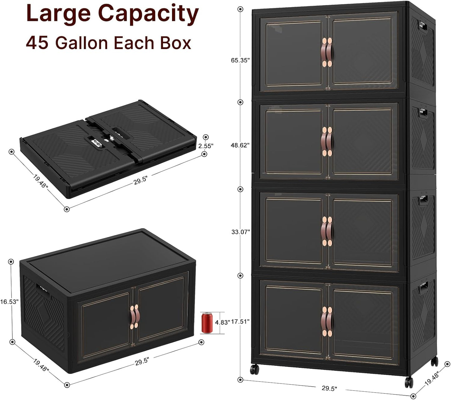 UAMFURI Stackable Storage Bins - 720QT Lockable Storage Cabinet with Lids & Wheels | Extra Large Black Drawers for Home & Office