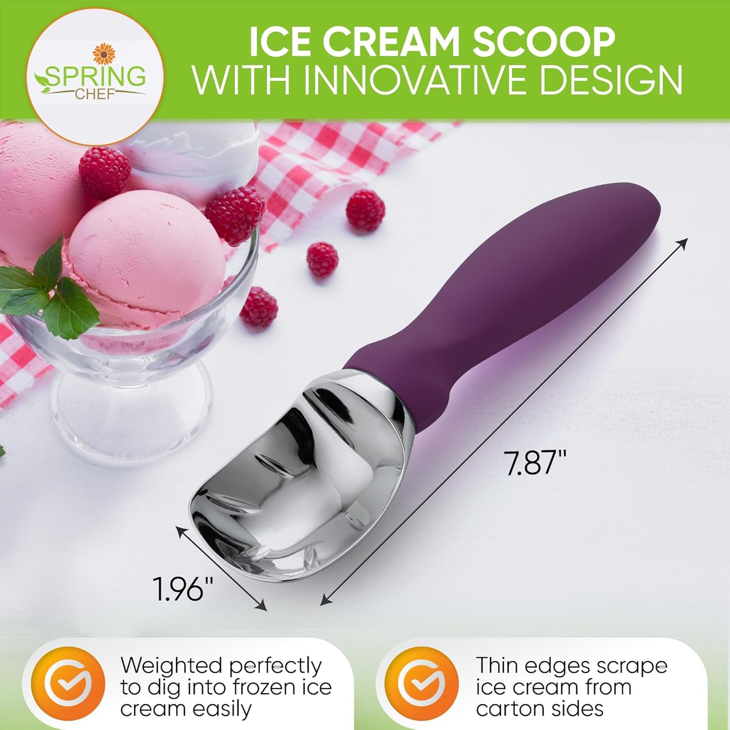Spring Chef Ice Cream Scoop - Professional Heavy Duty Scooper with Soft Grip Handle | Purple