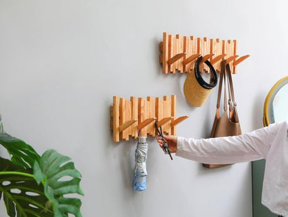 GOGREEBELL Hardwood Wall Mounted Piano Coat Rack| Coat Rack Wall Mount | Flip Down Wall Hook Rack 4 Hooks| Entryway Wall Storage with Hooks,Made of Oak.Hook to Hook 3.54 inch spacing