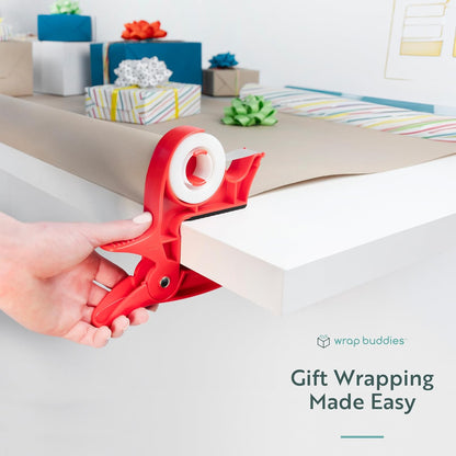 Wrap Buddies Gift Wrapping Tool Set - Adjustable Table Clamps & Tape Dispenser - One-Handed Cutter in Cherry Red