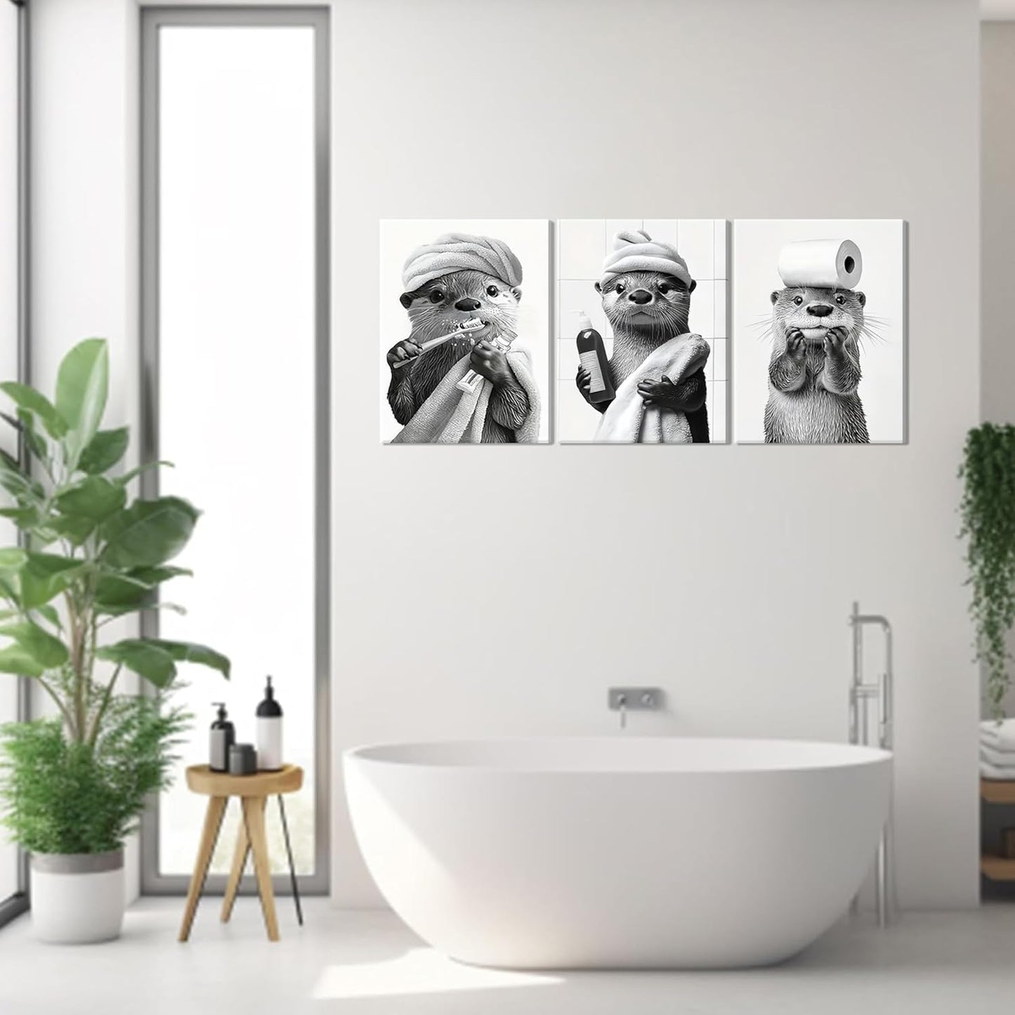Skiennix Cute Bathroom Otter Canvas Wall Art - Set of 3 Black and White Prints | Funny Farmhouse Decor 12x16 Inch