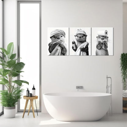 Skiennix Cute Bathroom Otter Canvas Wall Art - Set of 3 Black and White Prints | Funny Farmhouse Decor 12x16 Inch