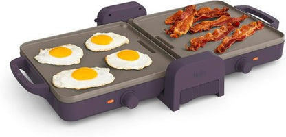 Bella 10" x 20" Ceramic Fold-N-Store Griddle - Dual Temp Up to 400°F | Nonstick, Dishwasher Safe, Plum
