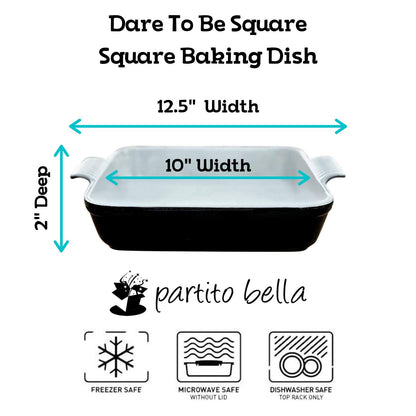 Partito Bella 13x9x3.5" Rectangle Premium Stoneware Baking Dish w/Lid Classic - Kitchen Baker for Lasagna, Casserole, Vegetables, & Dessert (Black, 10"x10" Square Baker)