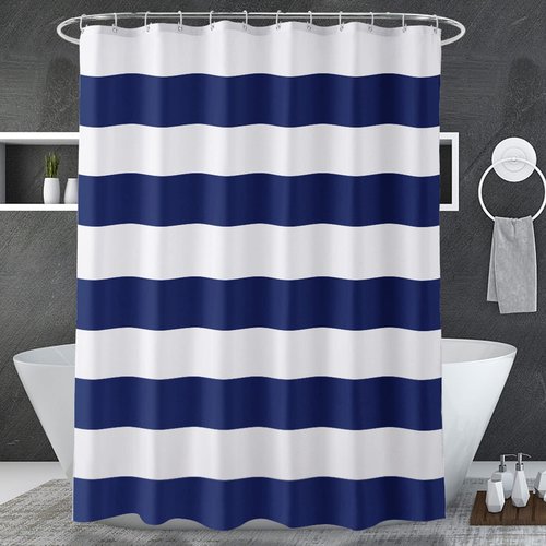 AmazerBath Navy Blue Shower Curtain Stripes, 72" W x 72" H Blue and White Shower Curtain, Fabric Shower Curtains for Bathroom with 2 Heavy Stones, Water Repellent