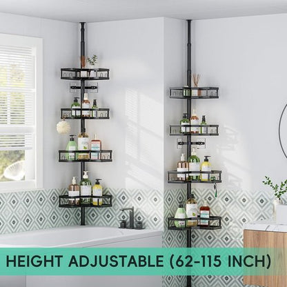 HEVEL Corner Shower Caddy - Adjustable Tension Pole Organizer 62-115 Inch | Rustproof Black Bathroom Storage