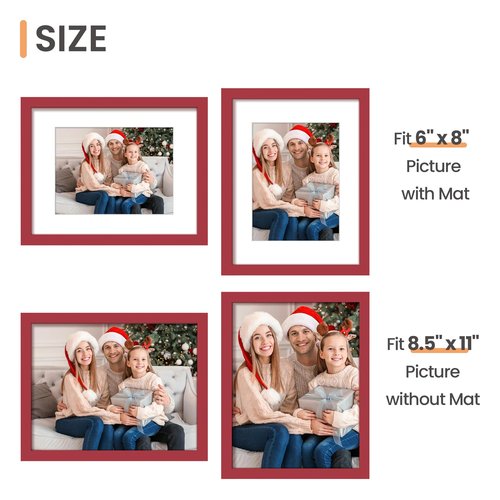 upsimples 8.5 By 11 Picture Frame, Display Pictures 6x8 with Mat or 8.5 x 11 Without, Wall Hanging Photo Frames, Red, 1 Pack
