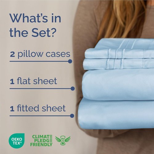 Comfy Breathable Cooling Bed Sheets Set by [Brand Name] - Full Size 4 Piece Luxury Bedding - Deep Pockets, Soft & Wrinkle-Free - Oeko-Tex Certified, Light Blue