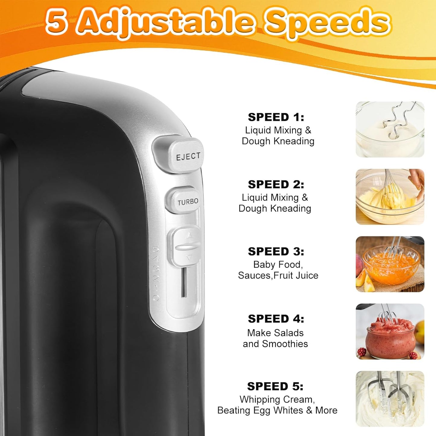 Skiennix 5-Speed Hand Mixer - Ultra-Powerful Electric Mixer with Turbo Function & 5 Attachments