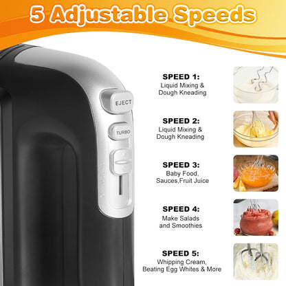 Skiennix 5-Speed Hand Mixer - Ultra-Powerful Electric Mixer with Turbo Function & 5 Attachments