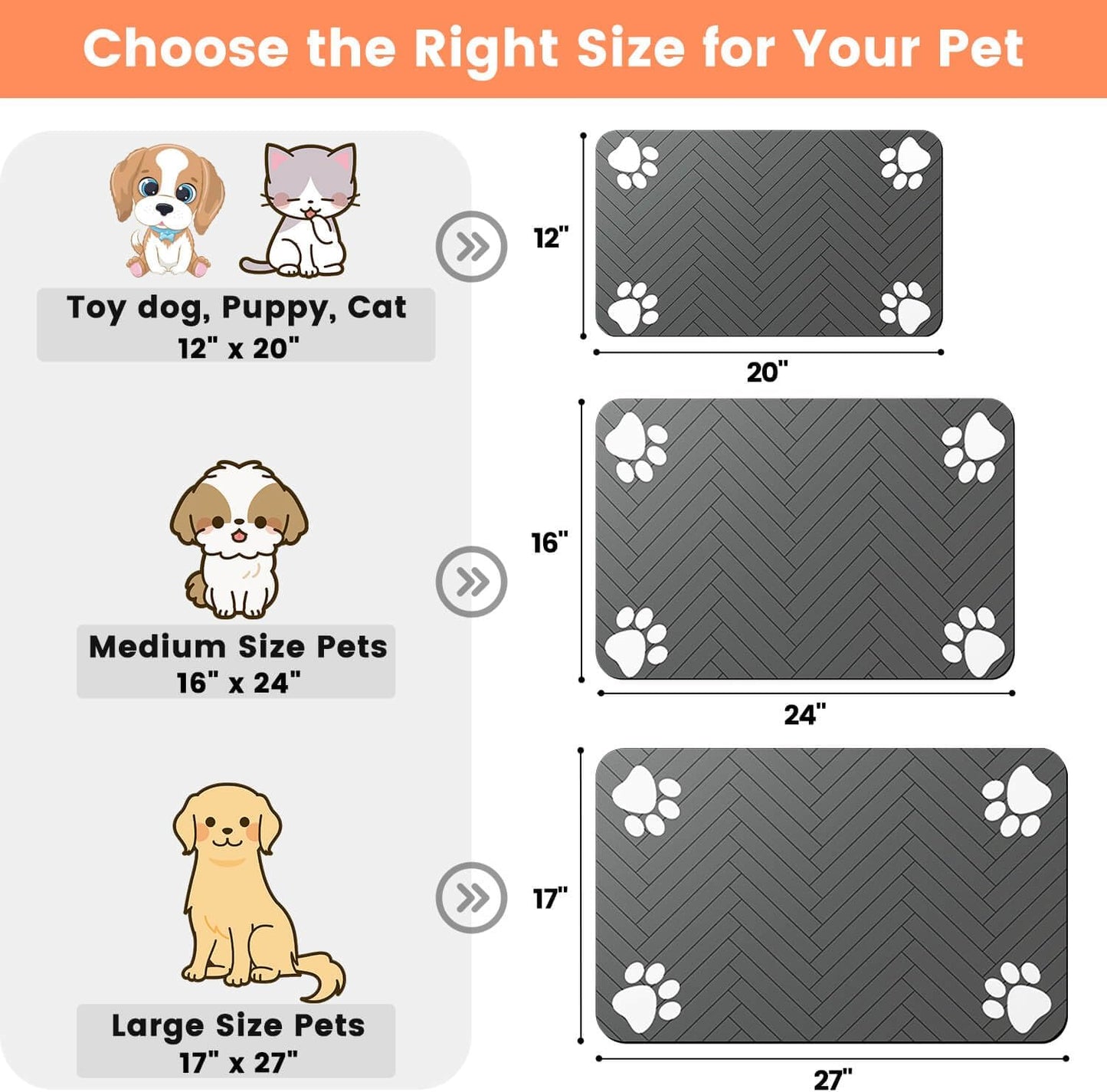 Skiennix Pet Feeding Mat - Absorbent Waterproof Placemat for Dogs & Cats | Quick Dry, 20"x12", Striped Dark Gray