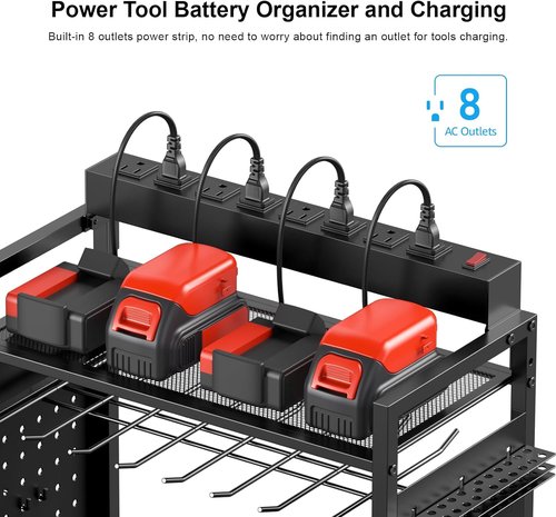 CCCEI Garage Power Tools Organizer Cart - Rolling Storage with Charging Station | Black Utility Rack for Tools