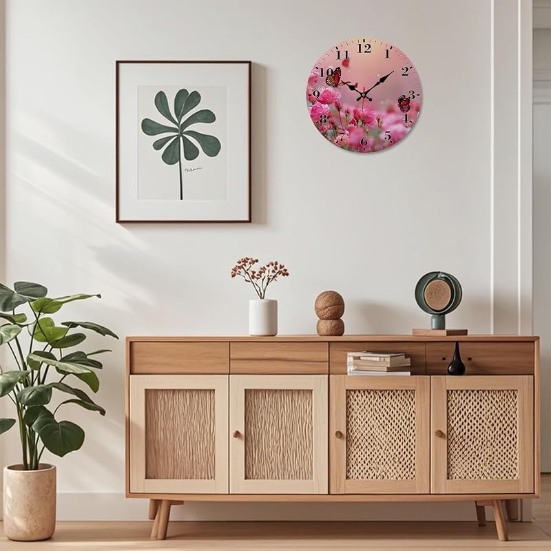 12-Inch Silent Round Wall Clock with Non-Ticking Mechanism - Pink Rose Butterfly Variation