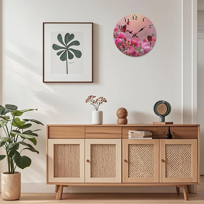 12-Inch Silent Round Wall Clock with Non-Ticking Mechanism - Pink Rose Butterfly Variation