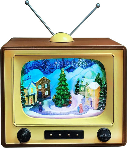 Moments In Time Animated Retro TV Christmas Village Scene - 6” Hand-Painted Lighted Décor with LED Lights & Moving Tree