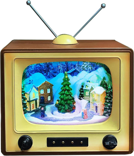 Moments In Time Animated Retro TV Christmas Village Scene - 6” Hand-Painted Lighted Décor with LED Lights & Moving Tree