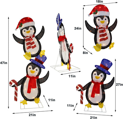WATERGLIDE Lighted Christmas Tinsel Penguins - Pre-Lit 2D Stacked Design for Indoor/Outdoor Holiday Decor
