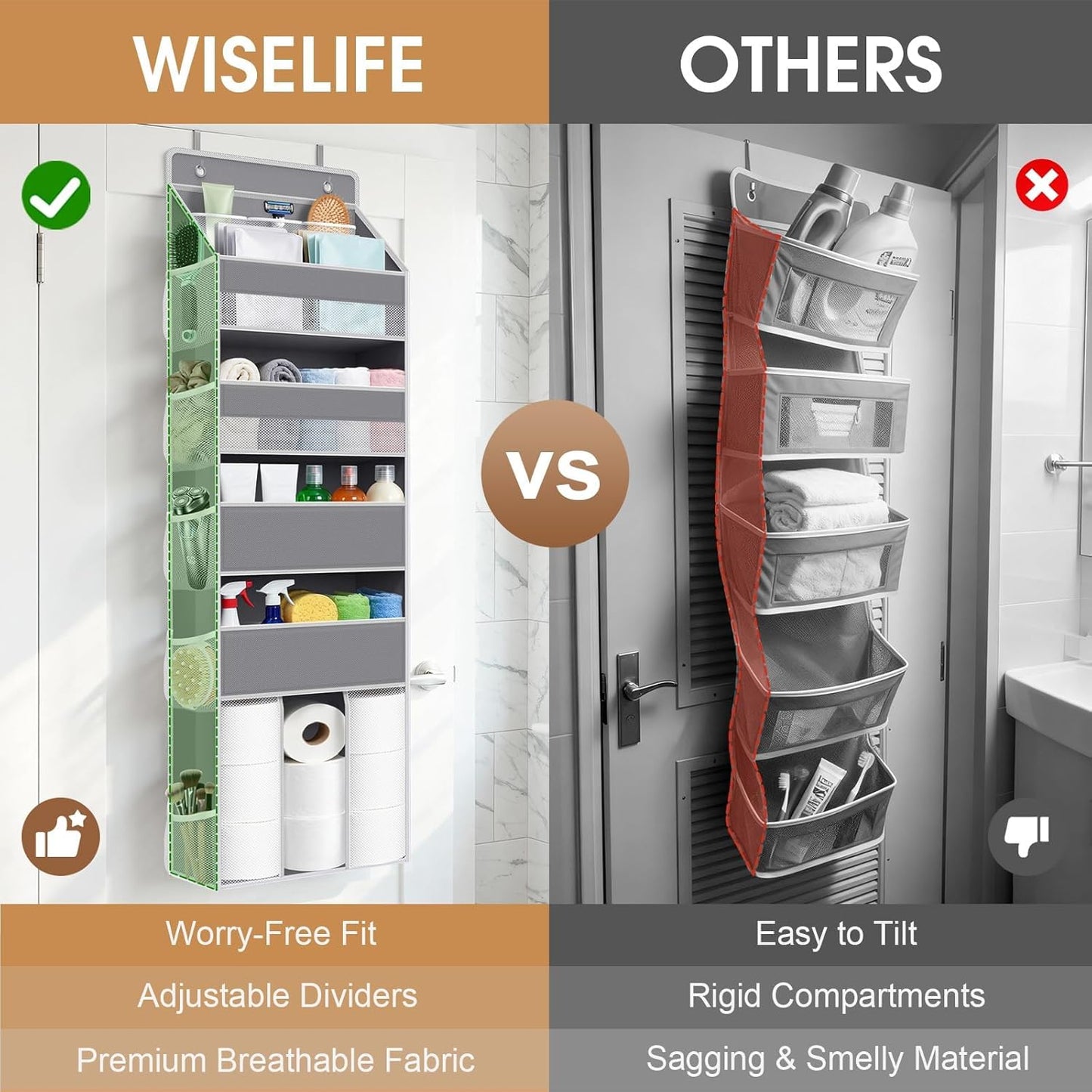 WISELIFE 5-Tier Over the Door Organizer - Heavy-Duty 50LB Capacity with 5 Spacious & 13 Mesh Pockets | Gray