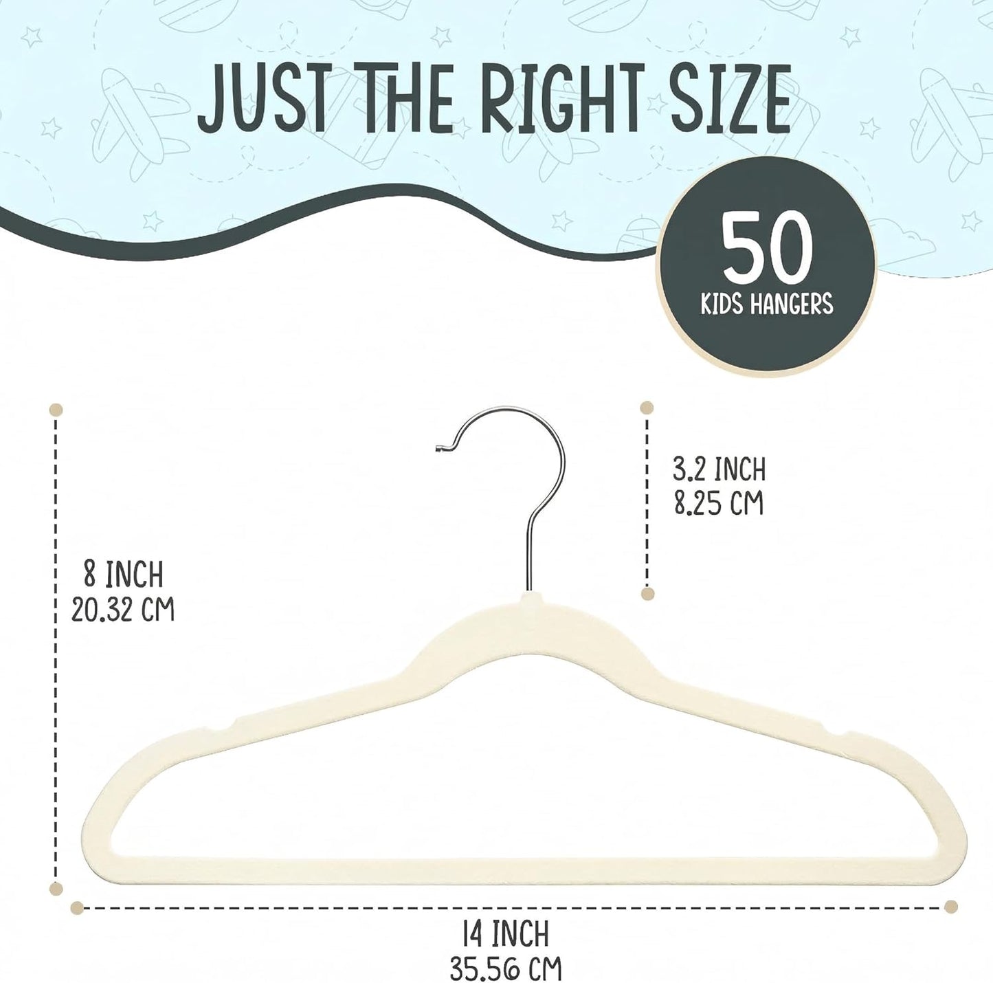 TechZoo 50 Premium Kids Velvet Hangers - Ultra Slim Non-Slip Clothes Hangers in Ivory - 14" Durable Design with 360° Swivel Hook