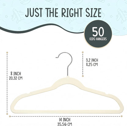 TechZoo 50 Premium Kids Velvet Hangers - Ultra Slim Non-Slip Clothes Hangers in Ivory - 14" Durable Design with 360° Swivel Hook