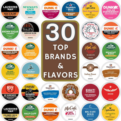 Top Brand Name K-Cups Variety Pack - 30 Unique Pods with Flavored & Unflavored Roasts