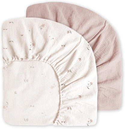 Little Grape Land Muslin Crib Sheets - 100% Cotton Soft & Breathable 2-Pack | Neutral Fog Flower Design, 52x28 Inches