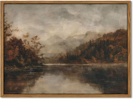 Vintage Wall Art by Wood Framed | Moody Lake Forest Landscape Canvas Print - Rustic Home Decor 16x24 Inch