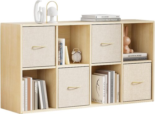 EXPERLAM 8 Cube Storage Organizer - Solid Wood Bookshelf with 4 Bins | Versatile Vertical/Horizontal Design