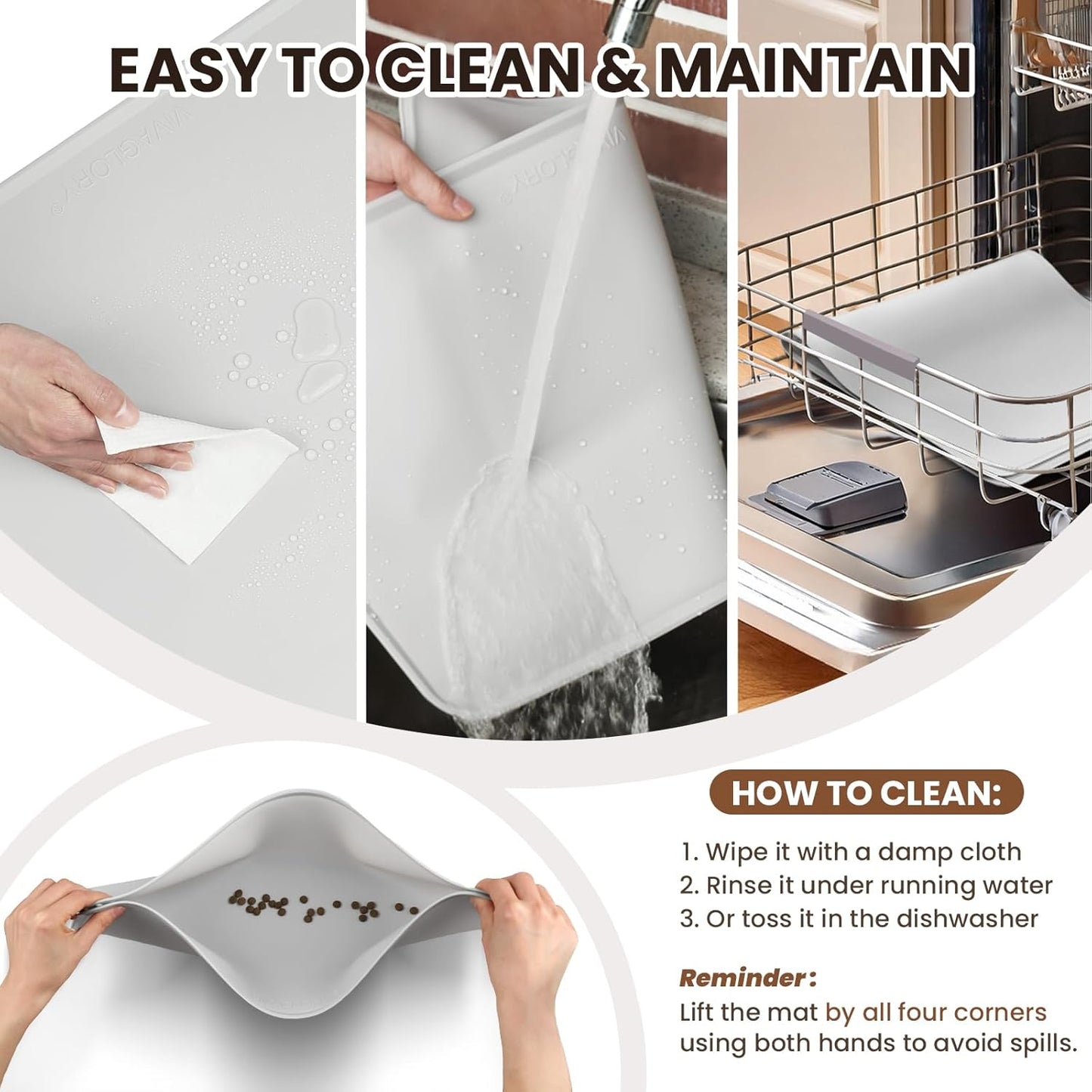 VIVAGLORY Dog Food Mat - Non-Slip Waterproof Silicone Bowl Placemat with Raised Edges | Grey, Small