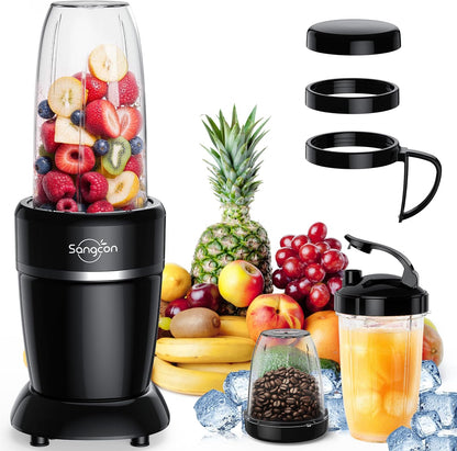 Sangcon 1000W Smoothie Blender - Portable Kitchen Blender with 3 Cups & Multiple Caps for Shakes & Frozen Drinks