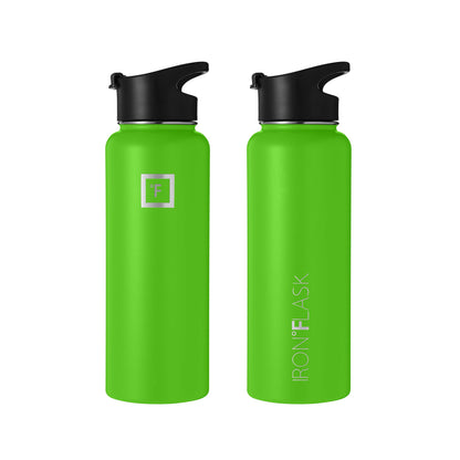 IRON °FLASK Sports Water Bottle - Wide Mouth with 3 Spout Lids - Stainless Steel Gym & Outdoor Bottles for Men, Women & Kids - Double Walled, Insulated Thermos, Metal Canteen - Kiwi Green, 40 Oz