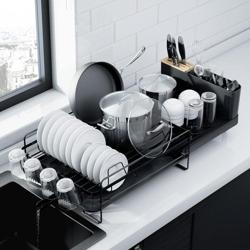 Kitsure Large Dish Drying Rack - Extendable Multifunctional Kitchen Rack with Anti-Rust Design | 19.2"-26.7" L x 12.9" W, Black