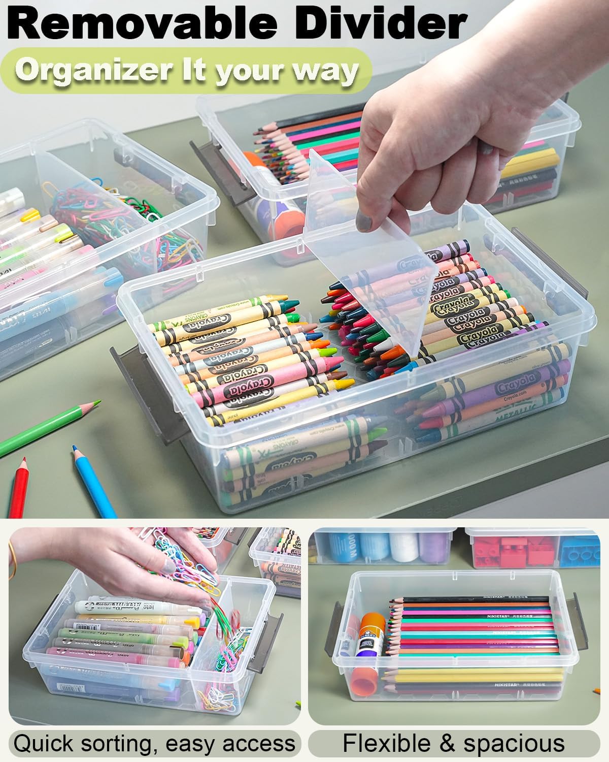 Skiennix Extra Large Pencil Box - Clear Stackable Organizer with Removable Divider | 12 Pack, Grey
