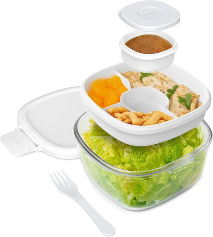 Bentgo Glass Salad Container - 7.6-Cup Leak-Proof Bowl with Airtight Lid & 4-Compartment Tray | BPA-Free, Reusable Fork (White)