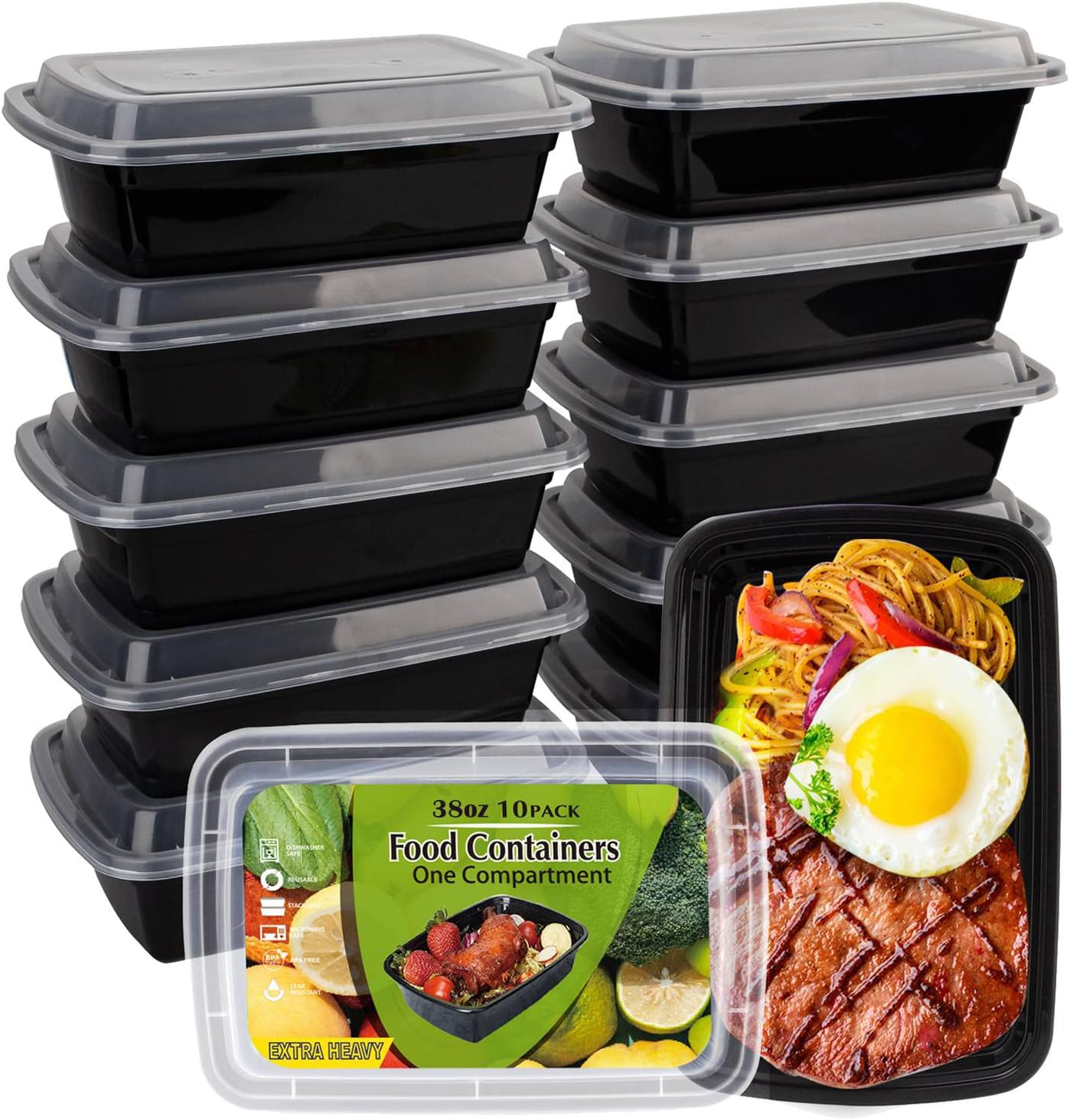 WGCC Meal Prep Containers - 38oz Reusable Plastic Food Storage with Lids | 10-Pack, BPA-Free, Microwave Safe