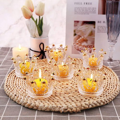 Crown Glass Tealight Candle Holders - Set of 6 Elegant Votive Holders for Weddings & Home Decor | Gold Finish