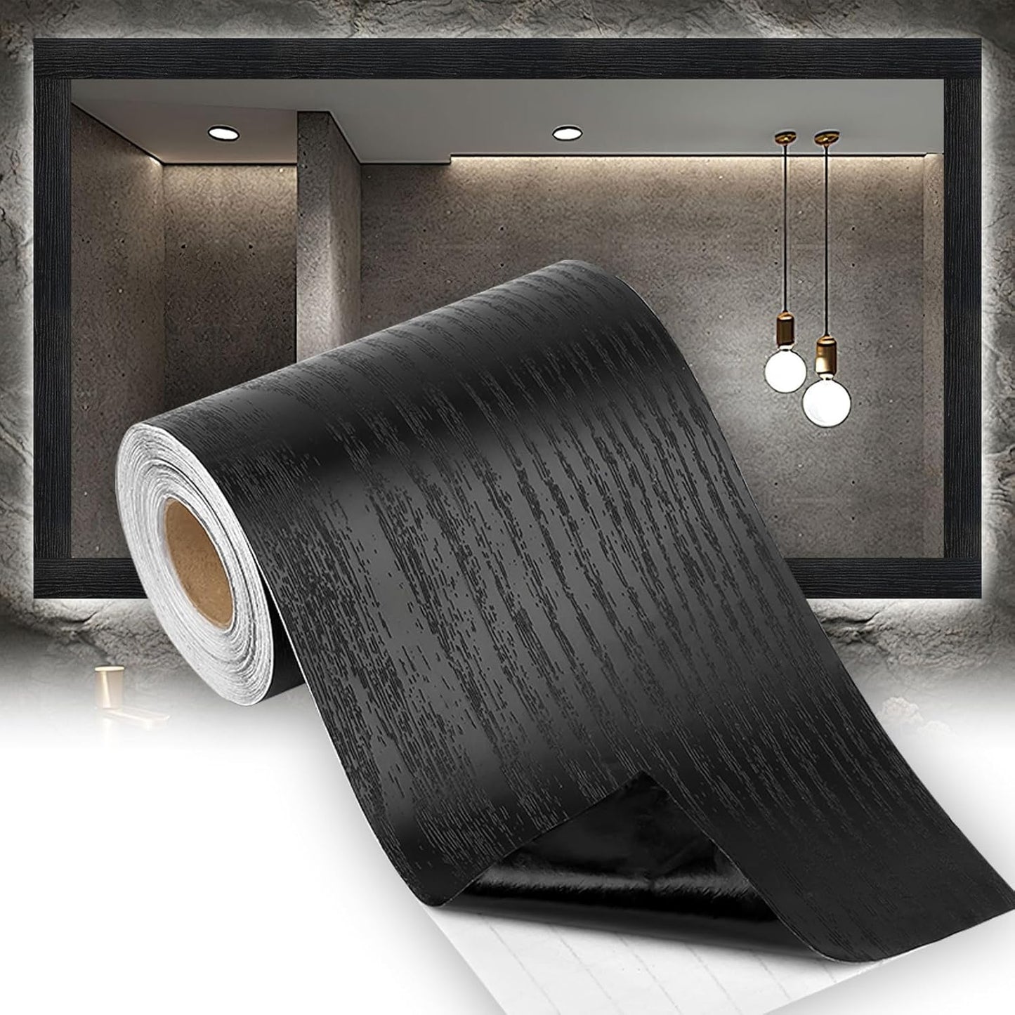 Skiennix Peel & Stick Black Wood Grain Wallpaper Border - Stylish Bathroom Mirror Frame | 32.8 FT x 3.93 Inch