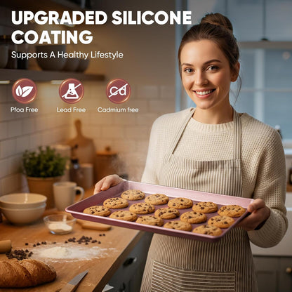 Sakerplus Nonstick Baking Sheet Pan Set - Heavy Duty Cookie Sheets, Rust-Resistant & Easy Clean | 3 Sizes in Pink