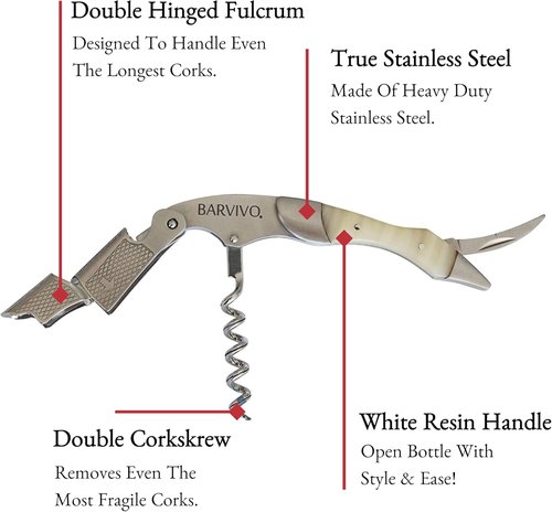 Barvivo Wine Opener with Foil Cutter and Cap Remover - Double Hinged Corkscrew for Bartenders - Stainless Steel Wine Key for Easy Bottle Opening - Manual Wine Bottle Opener - White Resin, 4.7x1.2-Inch