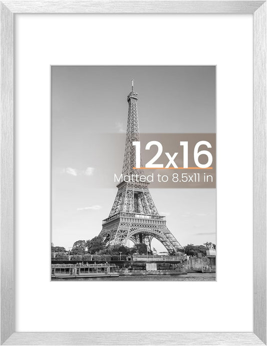 Upsimples 12x16 Picture Frame - Versatile Display for 8.5x11 Photos with Mat or 12x16 Without - Silver