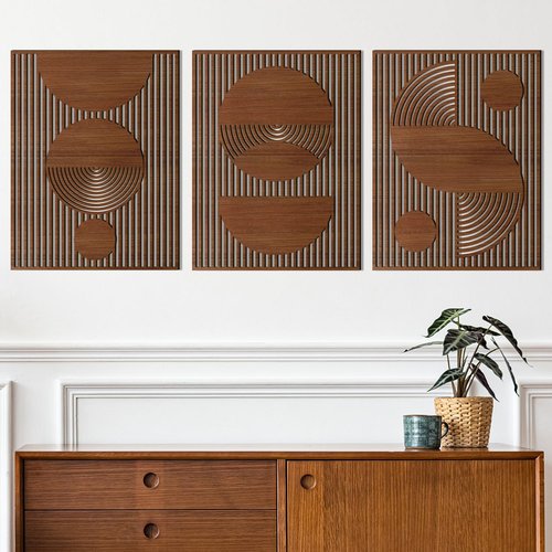 Homenthus Abstract Wood Wall Art - 3 Pcs Mid Century Modern Geometric Decor for Living Room & Office