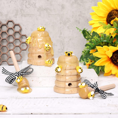 Bee Tiered Tray Decor with Wooden Fake Honey Hive Dippers Bumble Bee Gifts for Women Decorations for Spring Farmhouse Home Kitchen Shelf Rustic Housewarming Display Party Supplies Set of 4