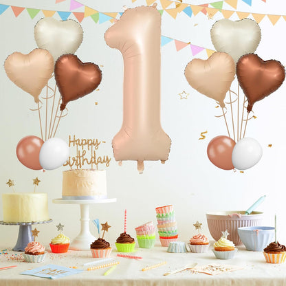 Biapian 40-Inch Light Brown Number 1 Balloon - Caramel & Cream Foil Heart for 1st Birthday Decor