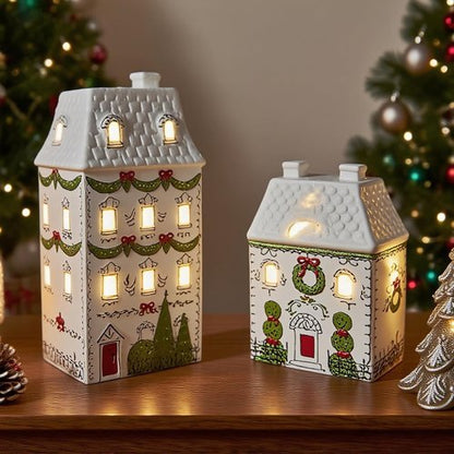 Cynkeyee Village House Christmas Decorations - 6-Inch White Ceramic Décor with Lights for Indoor Tabletop