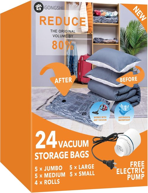 GONGSHI Vacuum Seal Bags - Space-Saving Storage for Clothes & Bedding | 24 Combo with Electric Pump