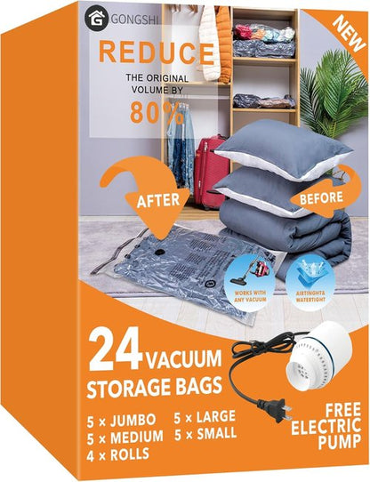 GONGSHI Vacuum Seal Bags - Space-Saving Storage for Clothes & Bedding | 24 Combo with Electric Pump