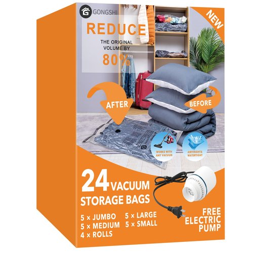 GONGSHI Vacuum Storage Bags, Space Saver Seal Bags For Clothing, Blankets, Comforters, Pillows, Clothes Storage,Travel Luggage,24 Combo-EPUMP