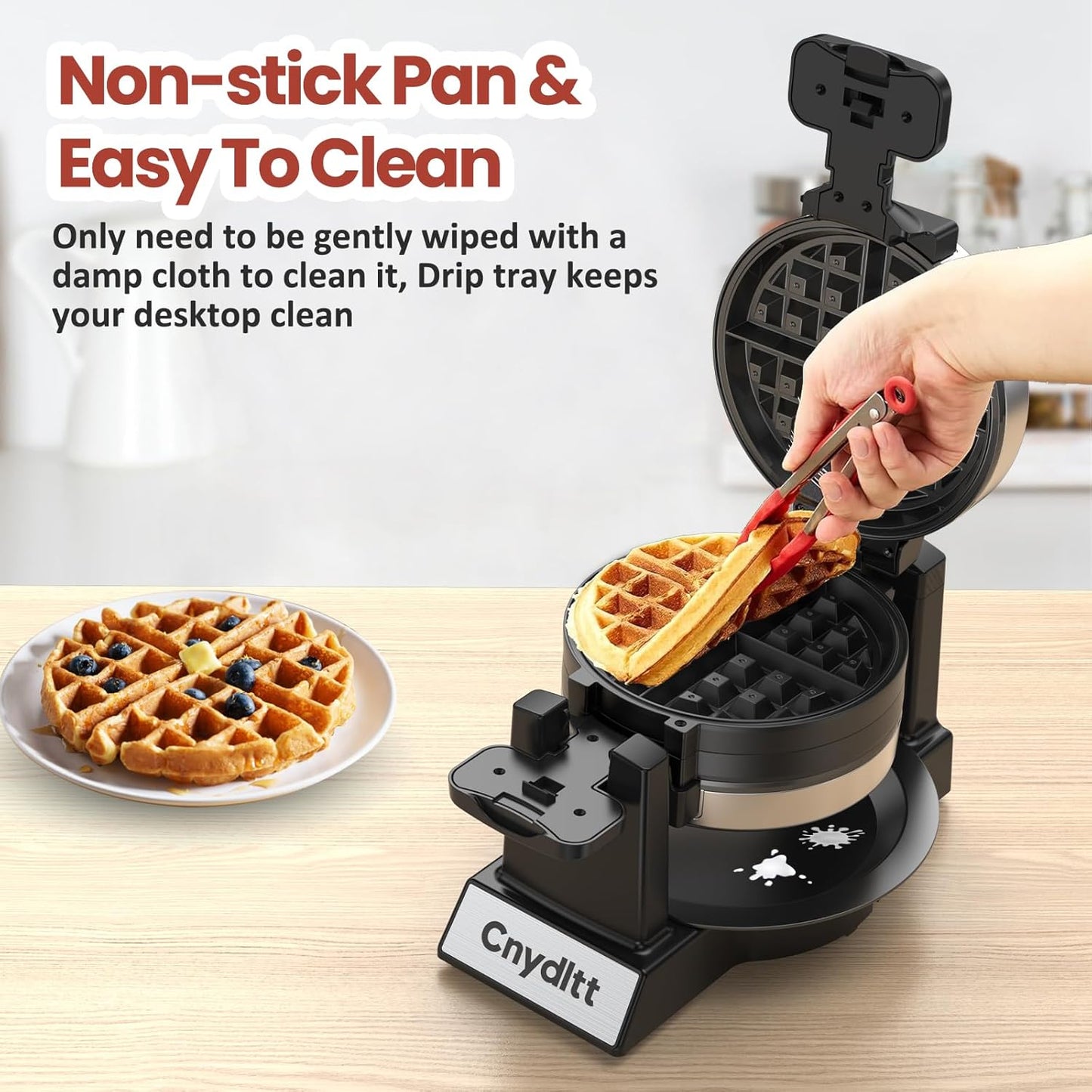 Skiennix Double Waffle Maker - 1400W Rotating Belgian Waffle Iron with Nonstick Plates & Removable Drip Tray | Black